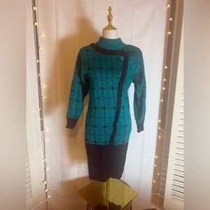 Milano Vintage Knit Sweater Dress Teal Black Asymmetrical Button M 80s 90s
